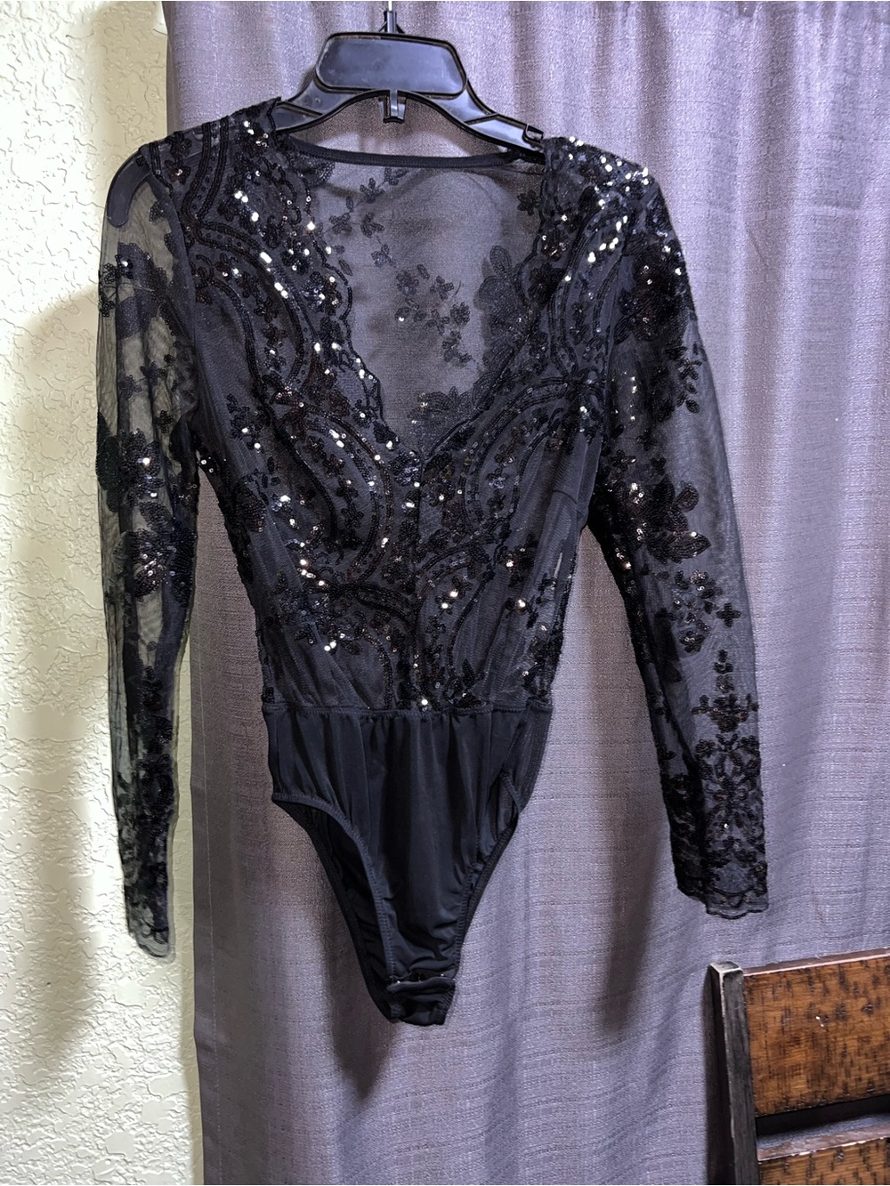 Shirley of Hollywood Black Sequin Mesh Long-Sleeve Bodysuit Sparkly Snaps